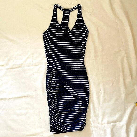 Athleta Striped Racerback Dress Size Small Navy Blue White Ruched Stretch Knit - Picture 10 of 12